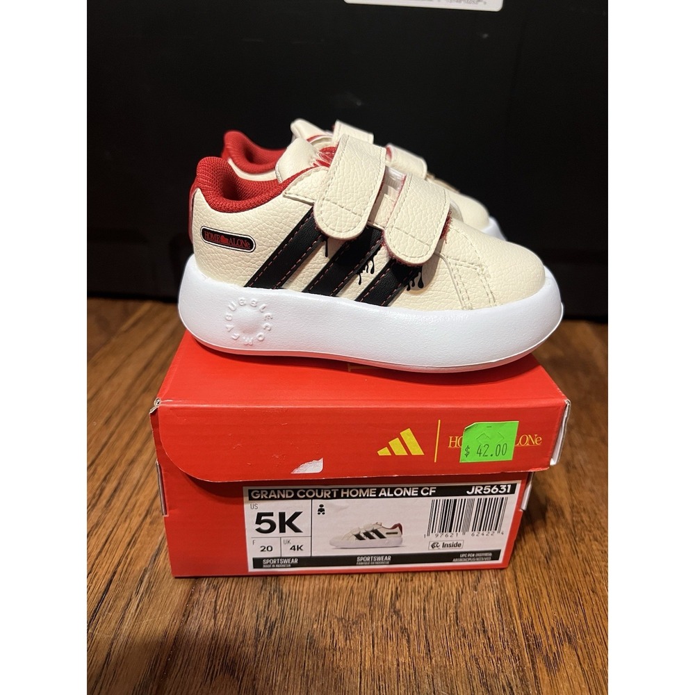 adidas Grand Court Home Alone CF Kids Sneakers Hook & Loop White Black Red 5K